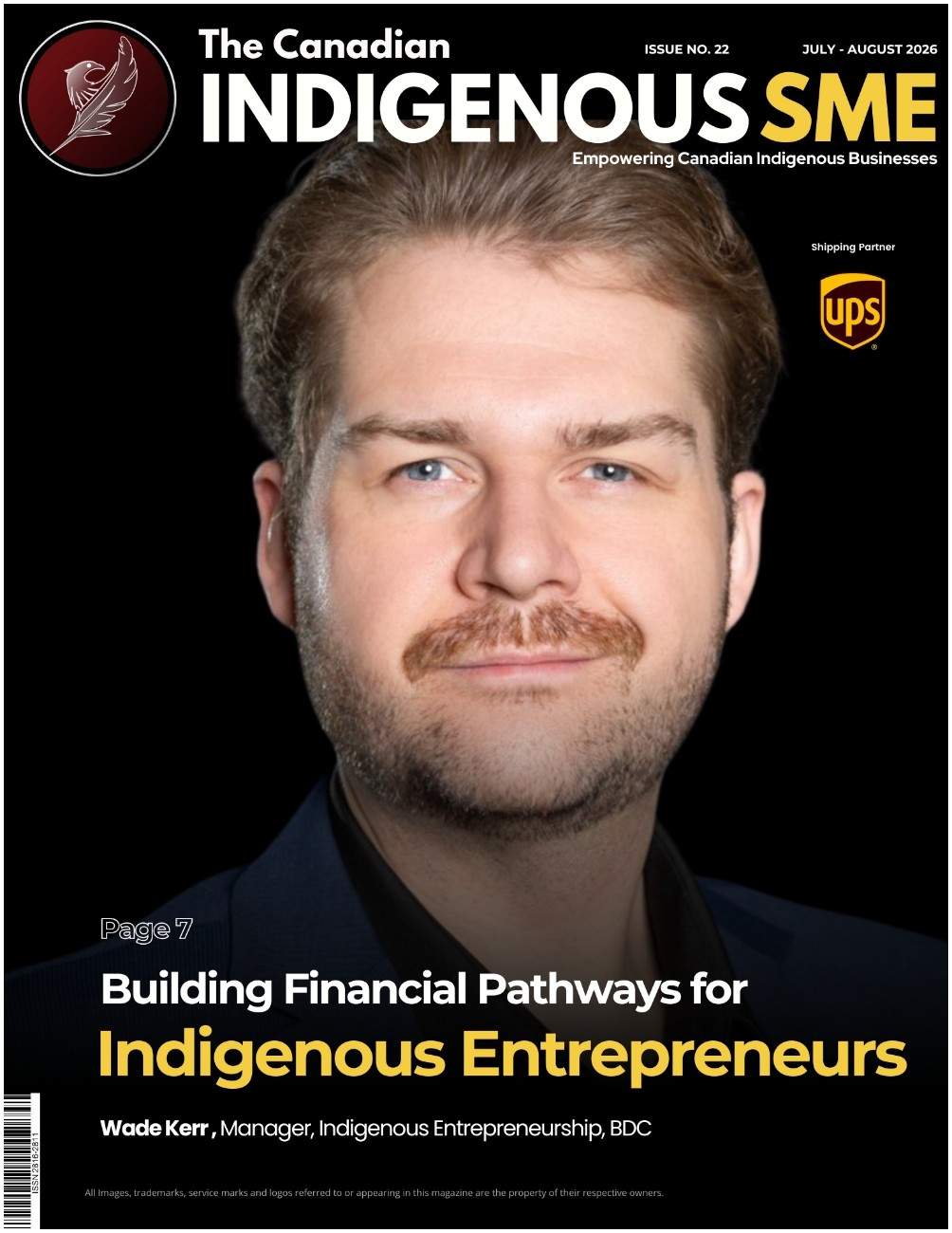 A man with light skin and short, light brown hair appears on the cover of The Canadian Indigenous SME magazine, July-August 2026 issue, featuring a headline about Indigenous entrepreneurs.
