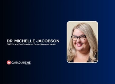 A professional headshot of Dr. Michelle Jacobson, OBGYN and Co-Founder of Coven Women’s Health, with her name and title displayed on a dark blue background. The CanadianSME logo appears in the lower left corner.