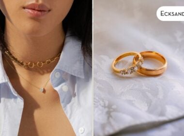 Split image: On the left, a woman wears a gold chain choker and a heart necklace over a blue shirt. On the right, two gold rings, one with diamonds, rest on a white fabric. Ecksand is in the top right corner.