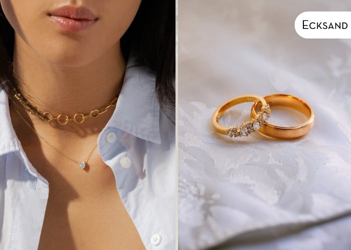 Split image: On the left, a woman wears a gold chain choker and a heart necklace over a blue shirt. On the right, two gold rings, one with diamonds, rest on a white fabric. Ecksand is in the top right corner.