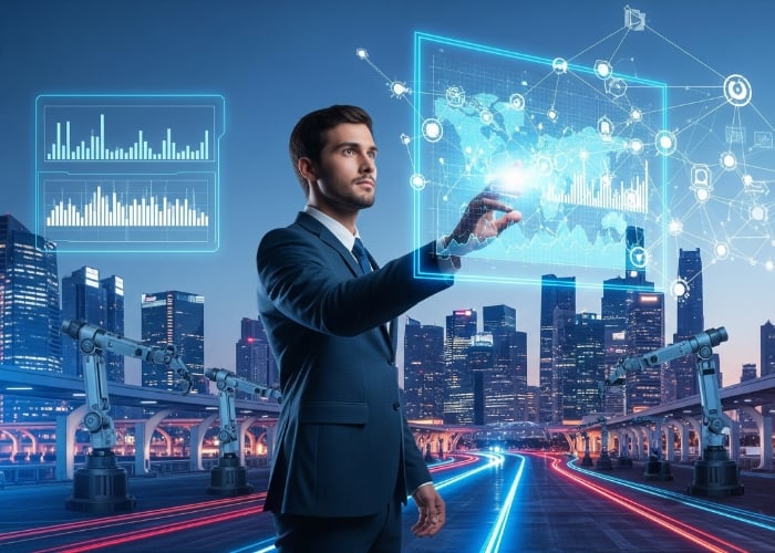 A man in a suit interacts with futuristic digital screens displaying charts and maps, standing in front of a modern cityscape with robotic arms and light trails, suggesting advanced technology and automation.