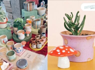 A display of colorful, handcrafted ceramic pots on the left, with various patterns and shapes. On the right, a pink pot with orange spots holds a plant, next to a red-and-white ceramic mushroom figurine.