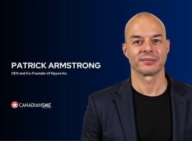 A man in a dark blazer stands against a blue gradient background. Text reads: Patrick Armstrong, CEO and Co-Founder of Hyvve Inc. The CanadianSME logo is visible at the bottom left.