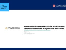 A news graphic with the PowerBank logo, text about PowerBank sharing an update on the advancement of Enterprise Hub and AI Agent with Intellistake, and CanadianSME branding.