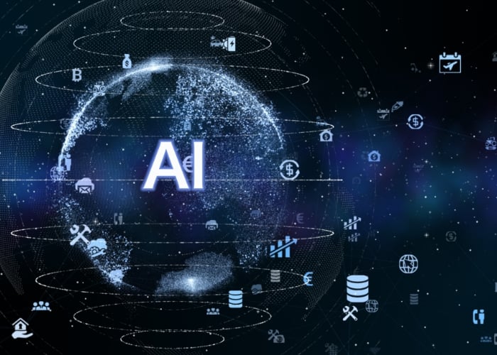A digital globe with AI in large letters at the center, surrounded by technology and finance icons, on a dark blue background with interconnected lines and data symbols.