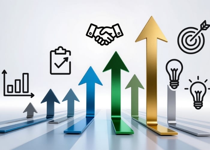 Colorful arrows point upward, symbolizing growth and progress, surrounded by icons of a bar chart, checklist, handshake, target, and light bulbs, representing business success, goals, and innovation.