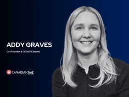 a Woman with Long Blonde Hair Wearing a Dark Blazer and Smiling is Shown Against a Gradient Blue Background Text Reads Addy Graves Co founder  Ceo of Cashew the Canadianssme Logo Appears Below