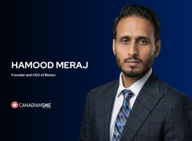 A man in a suit poses against a blue background. Text reads: “HAMOOD MERAJ, Founder and CEO of Biznex.” A logo at the bottom says “CanadianSME.”.