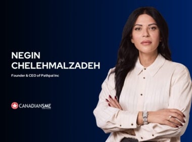 A woman with long dark hair in a cream blouse stands with arms crossed against a blue background. Text reads: Negin Chelehmalzadeh, Founder & CEO of Pathpal Inc. and CANADIAN SME with a red logo.