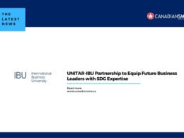 A news graphic announces the UNITAR-IBU partnership to equip future business leaders with SDG expertise. Logos of International Business University and CANADIANSME are visible, along with a “The Latest News” label.