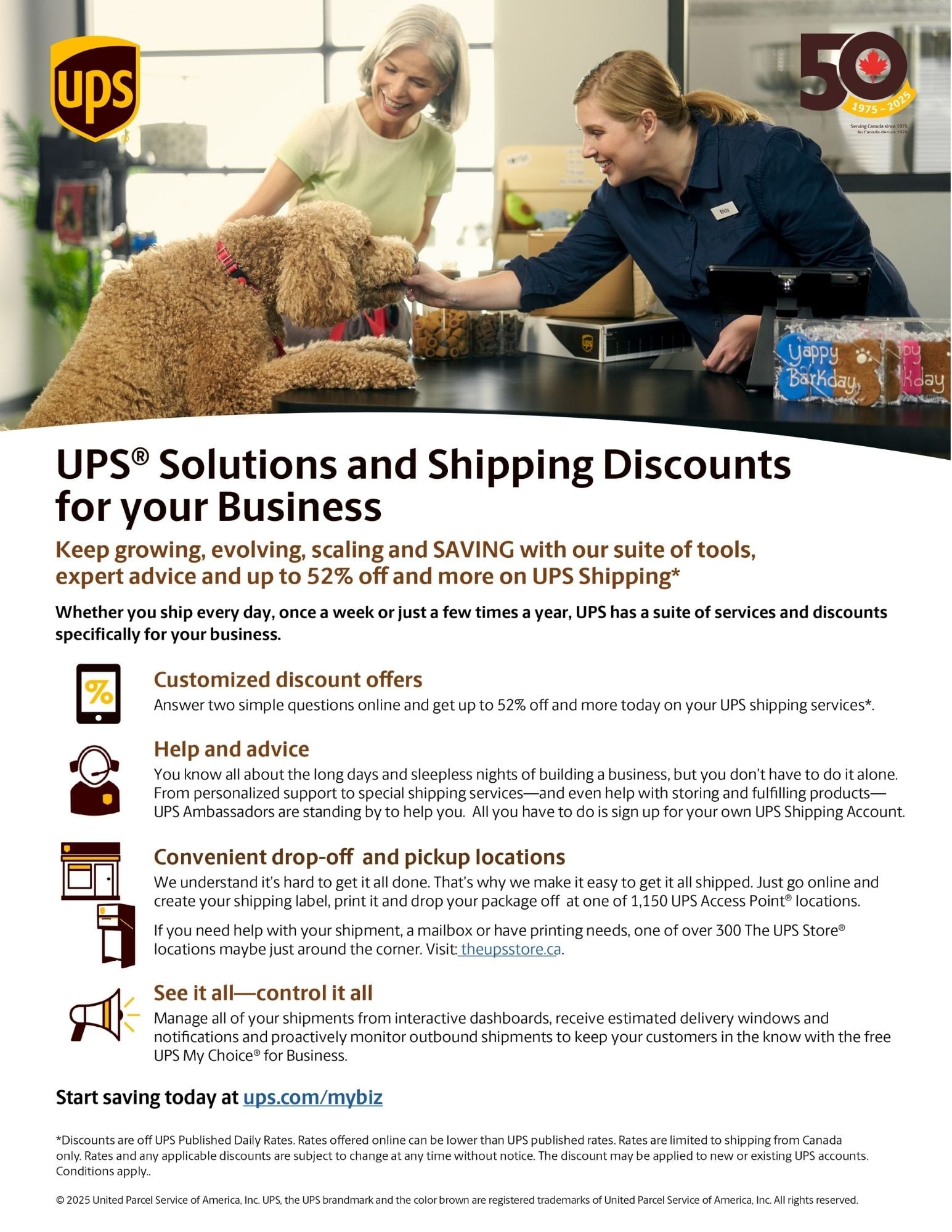 A UPS promotional flyer highlighting business shipping discounts, a woman receives a package from a UPS delivery person while a dog looks on. The flyer advertises savings, tools, and support for business shipping needs.