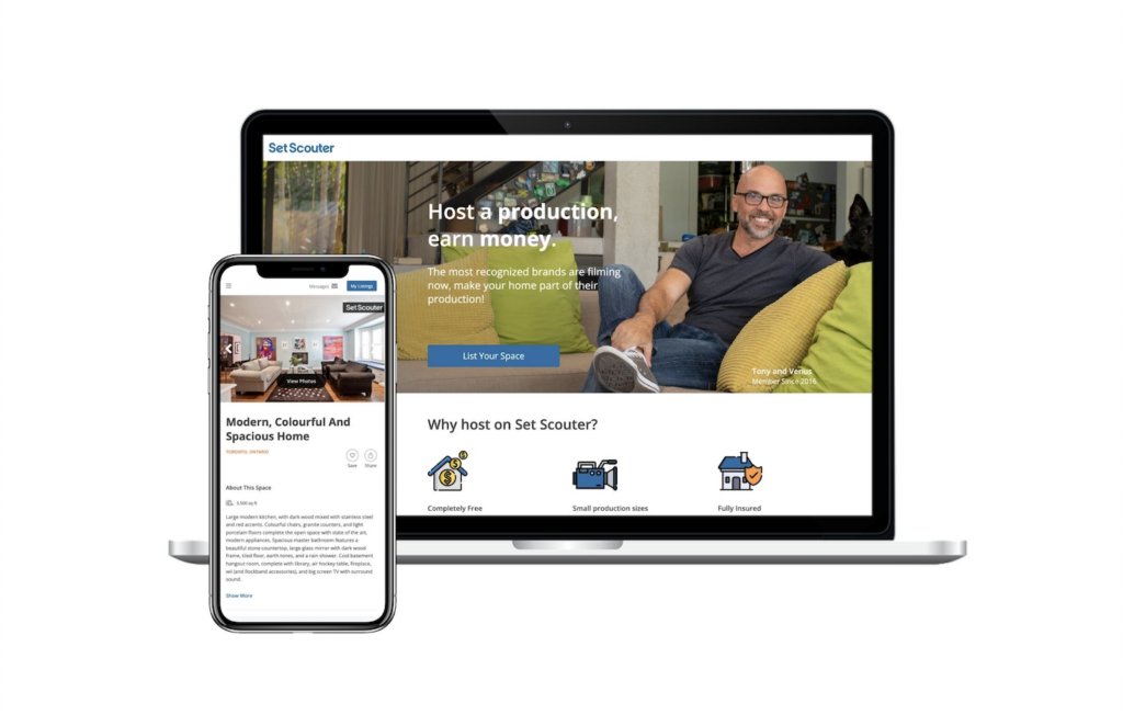 A laptop displays the Set Scouter website featuring a smiling man on a couch and text inviting users to host productions. Beside it, a smartphone shows a listing for a modern, colourful, and spacious home.