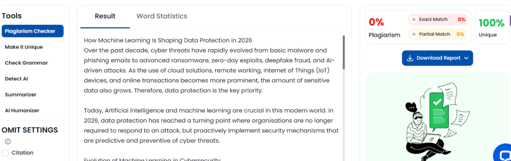Screenshot of a plagiarism checker tool analyzing an article about machine learning and data protection. The result shows 0% plagiarism and 100% uniqueness. An illustration of a woman with a laptop is on the right.