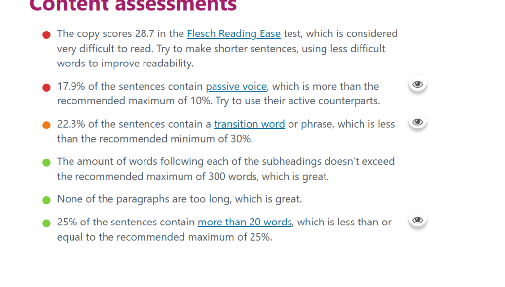 A content assessment report listing readability stats, use of passive voice, transition words, word count after subheadings, paragraph length, and sentences with over 20 words. Bullet points use colored dots for emphasis.