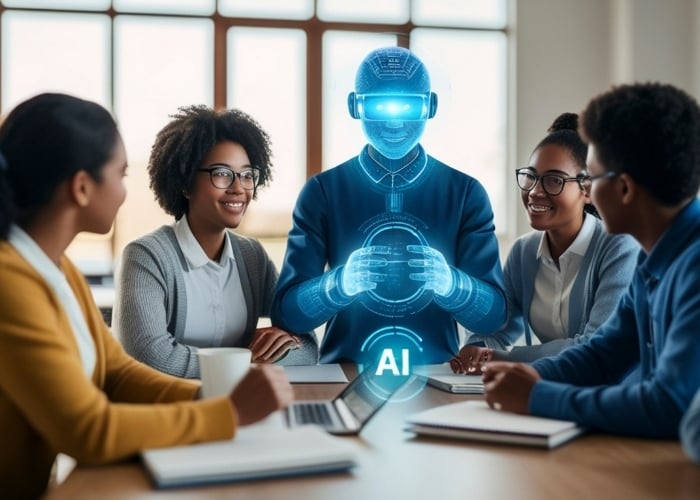 Four people sit around a table having a discussion while a glowing blue holographic figure labeled AI is projected among them, symbolizing artificial intelligence collaborating with humans.