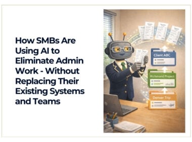 An illustrated robot in a suit holds a paper and points to organized, floating folders labeled Client ABC, Richmond Project, and Denver Trip next to a desk, symbolizing AI helping with administrative work.