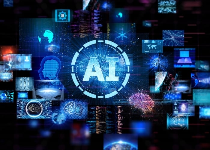 A digital collage with the letters AI at the center, surrounded by images of brains, data, human profiles, and abstract technology elements, symbolizing artificial intelligence and futuristic technology.