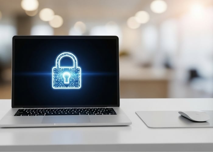 A laptop on a white desk displays a glowing digital padlock icon on its screen, symbolizing cybersecurity. A mouse and mousepad are beside the laptop, with a blurred office background.