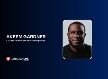 Portrait of Akeem Gardner, CEO and Founder of Canurta Therapeutics, on a dark blue background with the CanadianSME logo in the bottom left corner.