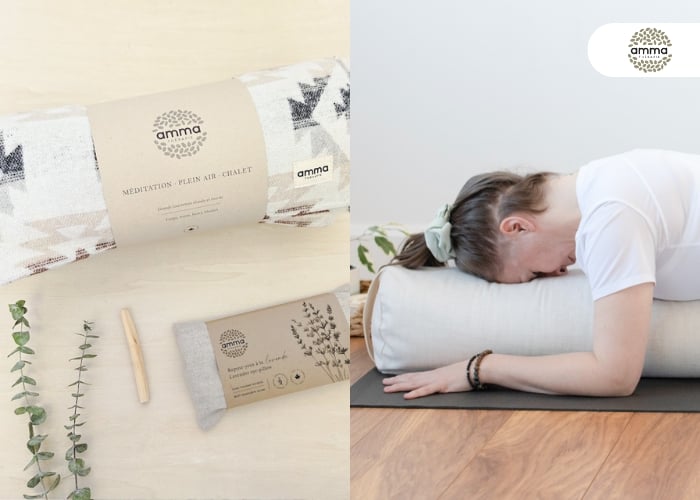 A woman in a white top rests her head and arms on a large, light-colored meditation cushion. Next to it, there is a close-up of the cushion, a pouch, a small stick, and eucalyptus leaves on a light surface.