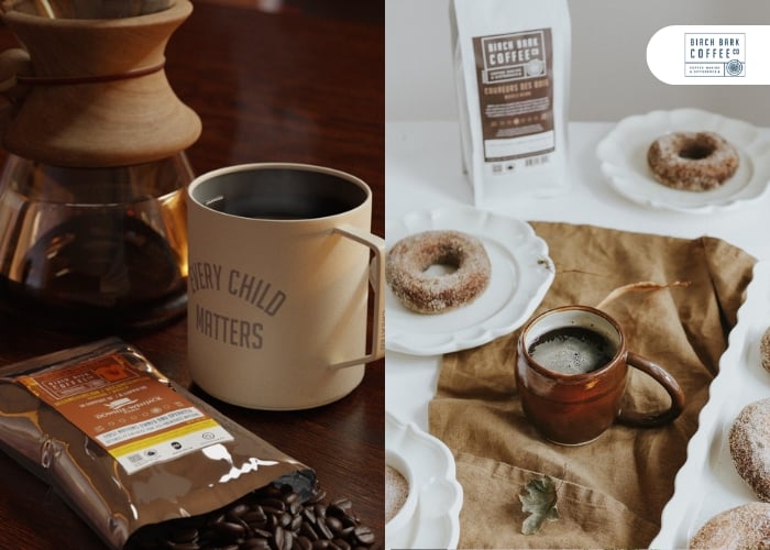 A split image: left side shows a mug reading Every Child Matters, coffee beans, and a Chemex; right side features a rustic coffee setup with donuts, a brown mug of coffee, and a bag of Birch Bark Coffee on a brown cloth.