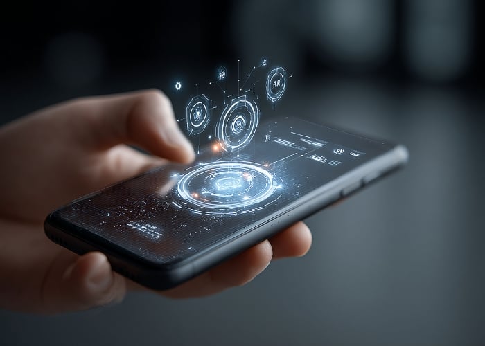A hand interacts with a smartphone displaying futuristic holographic interface elements, including circular icons, graphs, and digital data, suggesting advanced technology or augmented reality.