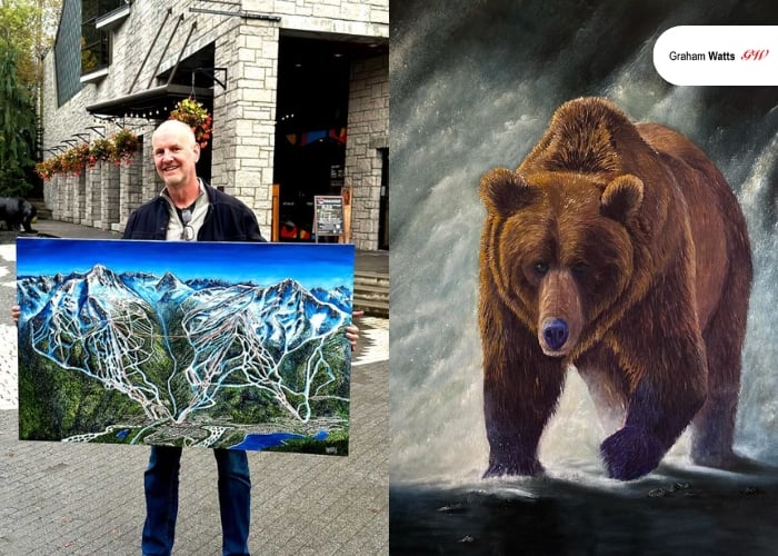A man stands outdoors holding a painting of a mountainous ski resort map; beside him is a separate image of a realistic painting of a brown bear in a natural setting.