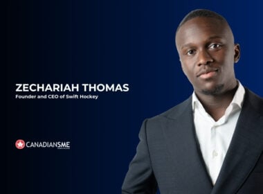 A man in a white shirt and dark jacket stands against a dark blue background. Text beside him reads: Zechariah Thomas, Founder and CEO of Swift Hockey, with a CanadianSME logo below.