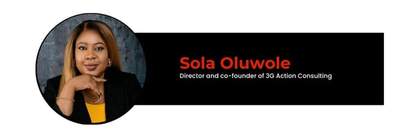 A woman with straight, shoulder-length blonde hair and a black blazer poses with her hand under her chin. Next to her, text reads: Sola Oluwole, Director and co-founder of 3G Action Consulting.