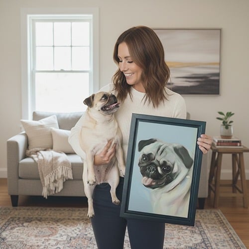 A smiling woman stands in a living room holding a pug in one arm and a framed painted portrait of the pug in the other. The room features a sofa, pillows, a blanket, and a window in the background.