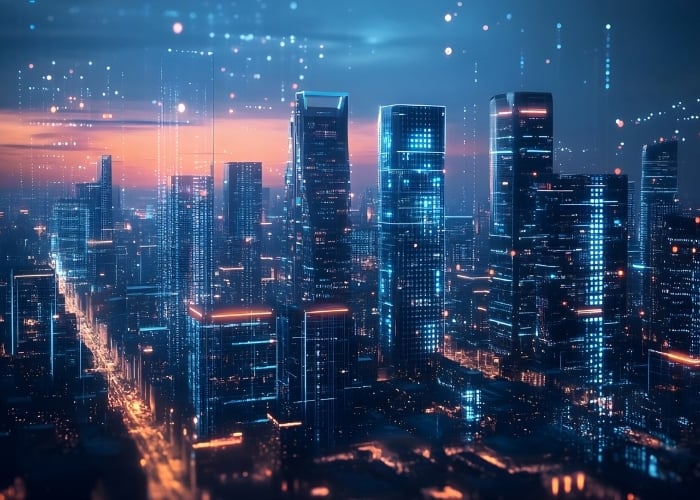 A futuristic city skyline at dusk, with tall skyscrapers illuminated by blue and orange lights, digital grids, and glowing data points creating a high-tech, cyberpunk atmosphere.
