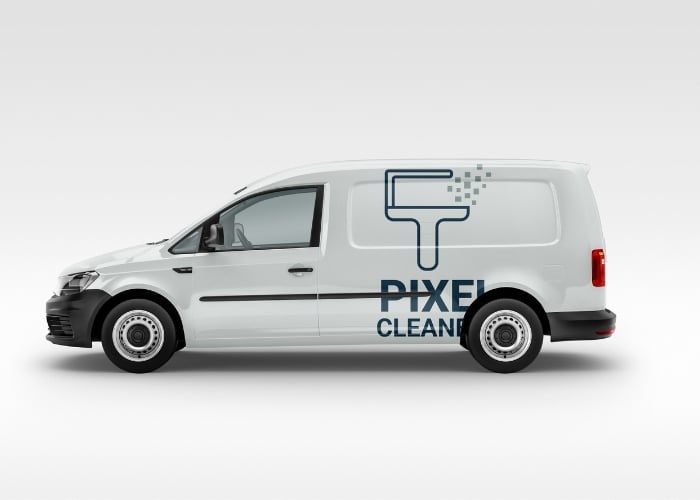 A white van with the logo and text Pixel Clean on its side. The logo features a stylized pixelated mop or cleaning tool in dark blue, with small squares representing pixels.