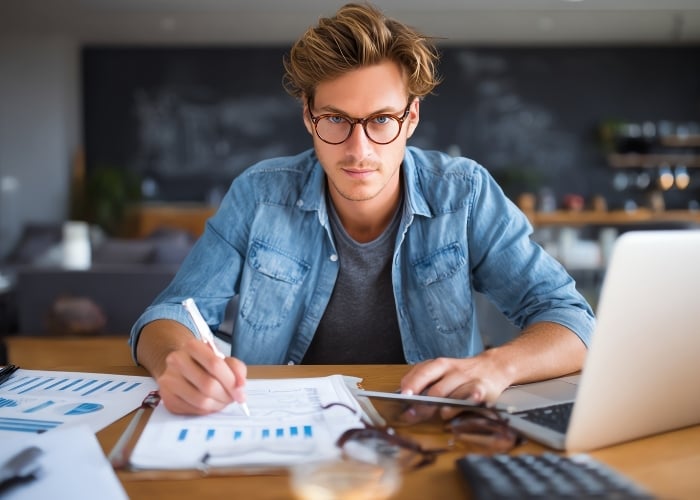 A young man with glasses sits at a desk, focusing on paperwork with charts and graphs. He writes with a pen, surrounded by documents, a laptop, and a calculator in a modern office setting.