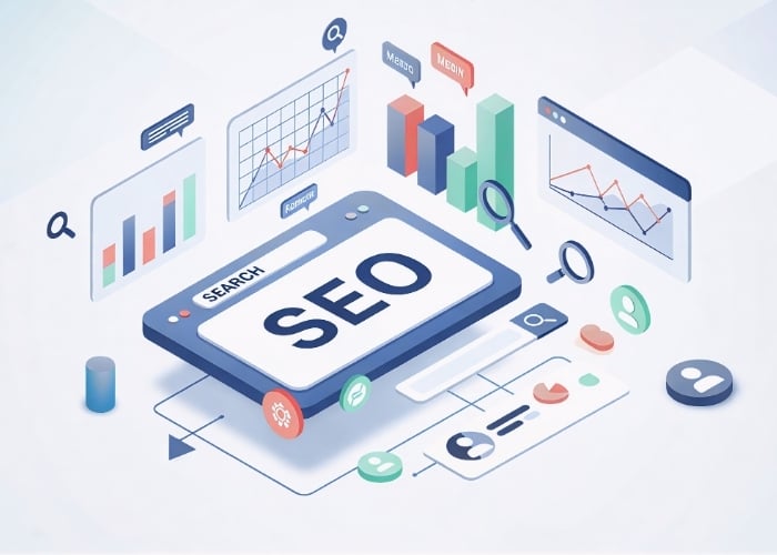 A digital illustration shows a tablet displaying the word SEO surrounded by charts, graphs, search icons, and magnifying glasses, representing various elements of search engine optimization and digital marketing.