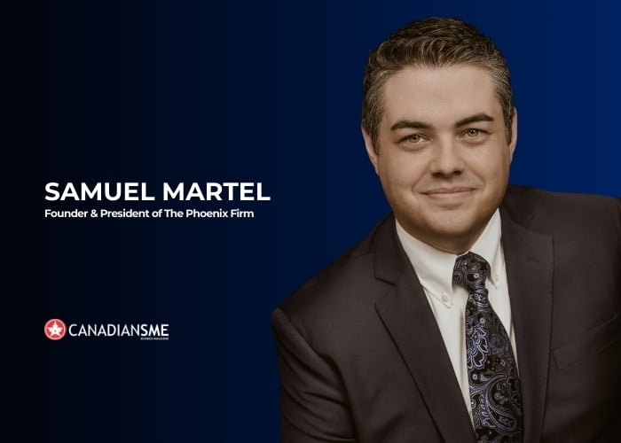 A man in a dark suit and patterned tie smiles, seated against a blue gradient background. Text reads: SAMUEL MARTEL, Founder & President of The Phoenix Firm. The CANADIANSME logo is in the lower left corner.