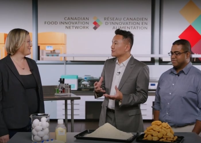 Three people stand in a modern kitchen lab talking. On the counter are eggs, a bottle of liquid, a bowl of white powder, and a tray of breaded nuggets. Behind them is a Canadian Food Innovation Network sign.