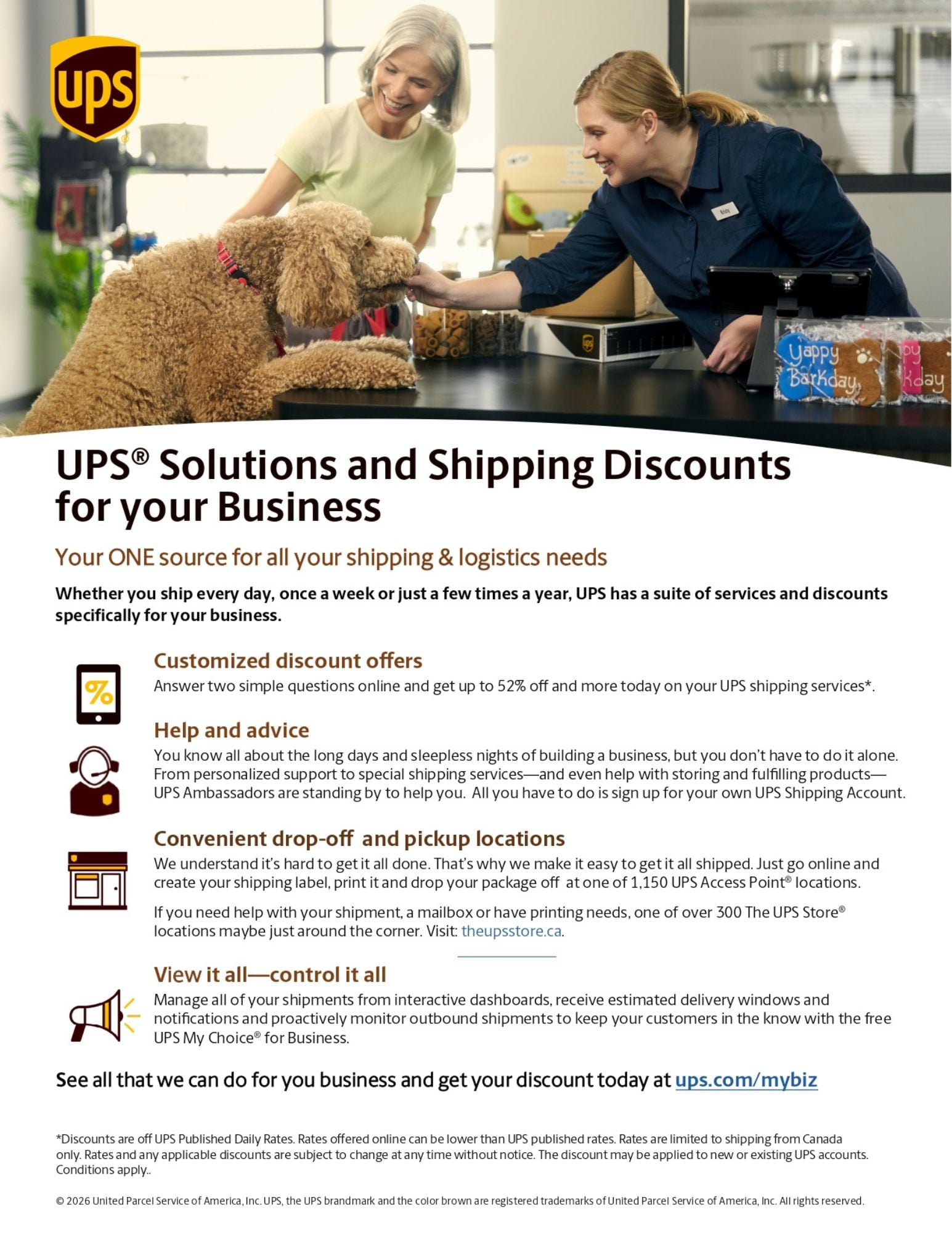A businesswoman hands a small package to a UPS courier at the door. The page highlights UPS business shipping solutions, discounts, pickup locations, and shipment tracking options, with yellow and brown UPS branding throughout.