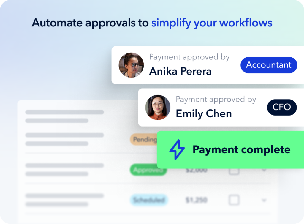 A graphic showing automated payment approvals with profile images of two women labeled Payment approved by Anika Perera, Accountant and Payment approved by Emily Chen, CFO, with a highlighted Payment complete message.
