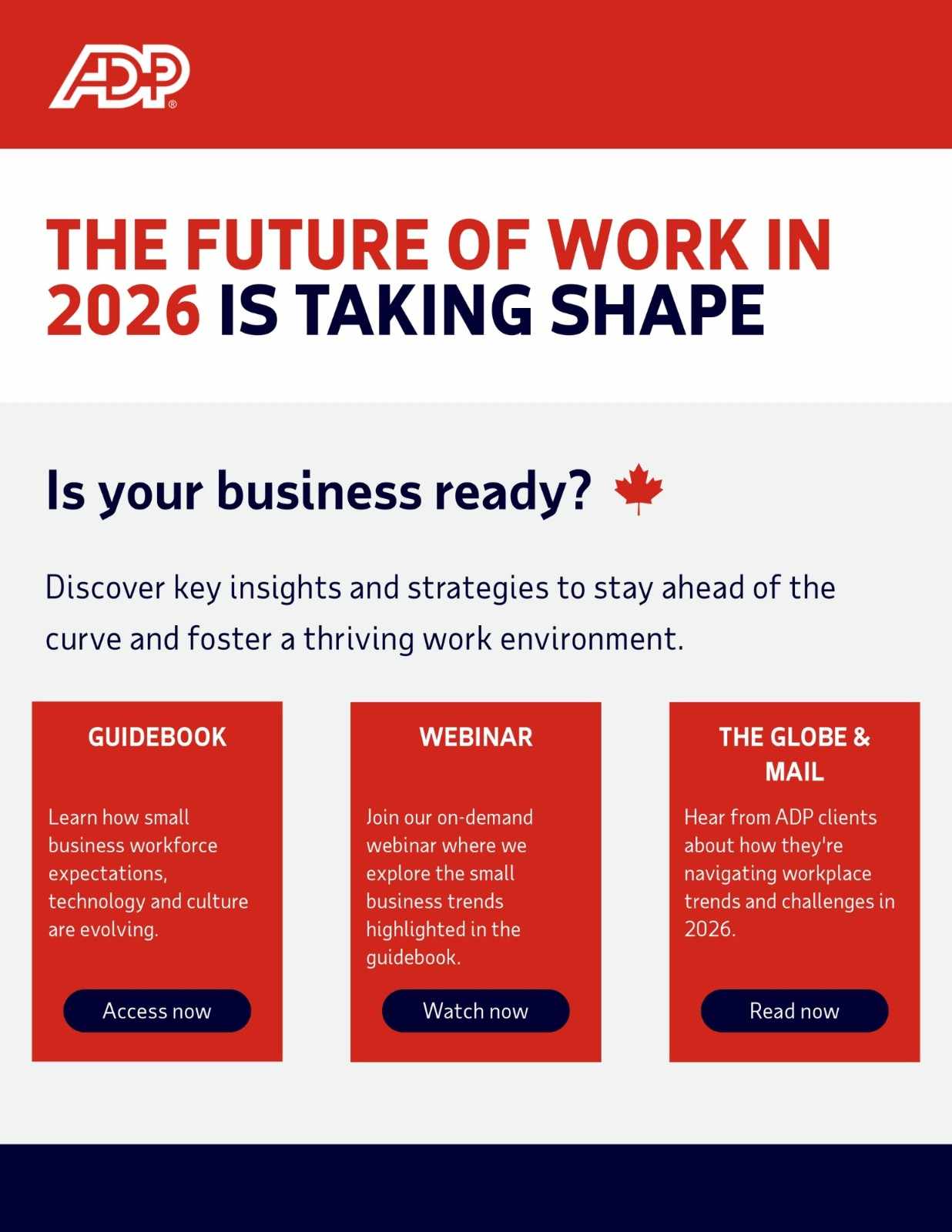 ADP promotional graphic titled The Future of Work in 2026 Is Taking Shape, offering a guide, webinar, and articles to help businesses adapt to evolving workforce, technology, and culture trends.