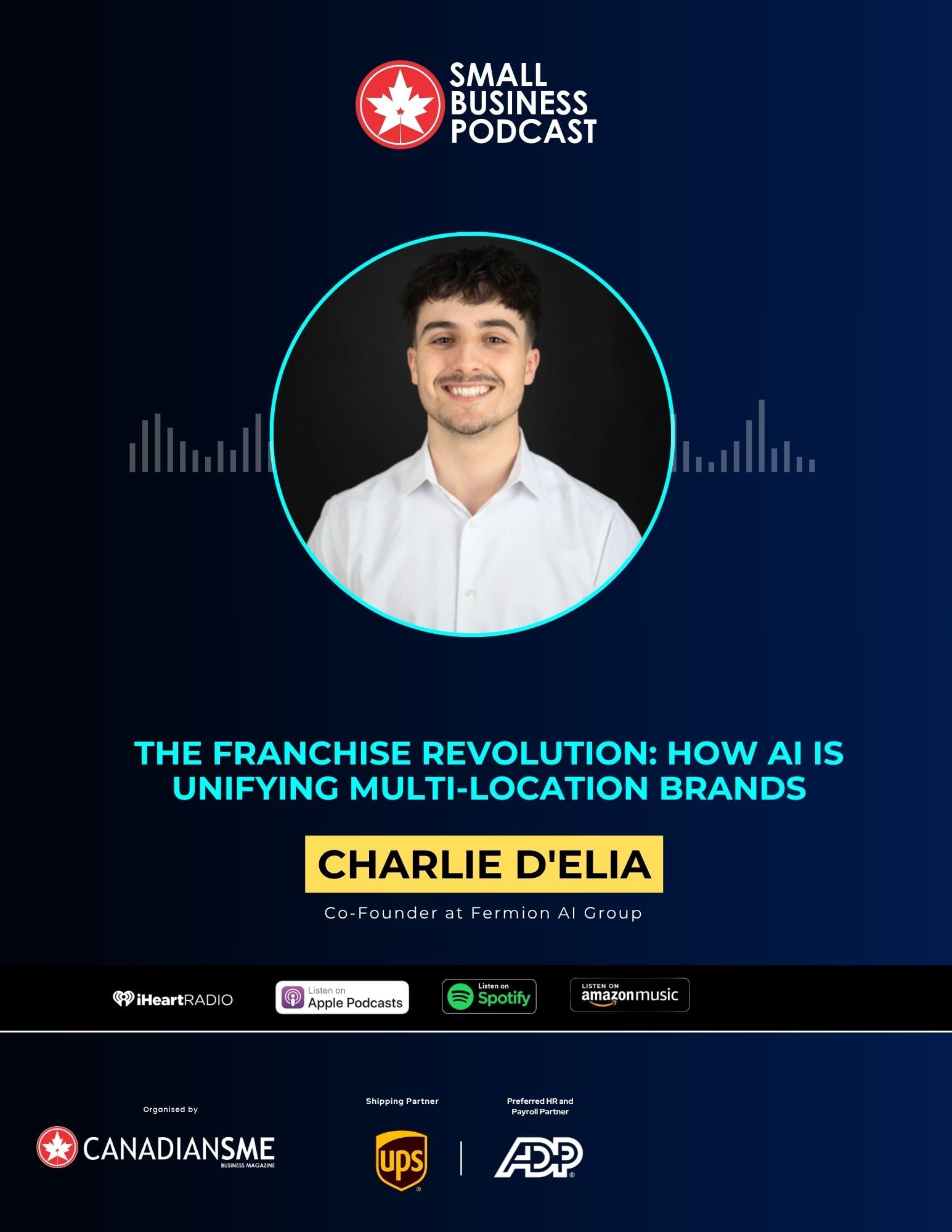A promotional poster for the Small Business Podcast featuring guest Charlie DElia, discussing how AI is unifying multi-location brands. The image includes sponsor logos and podcast platform icons at the bottom.