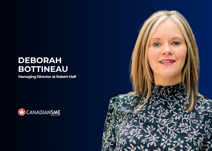 Deborah Bottineau, Managing Director at Robert Half, smiles against a dark blue gradient background with branding on the left.