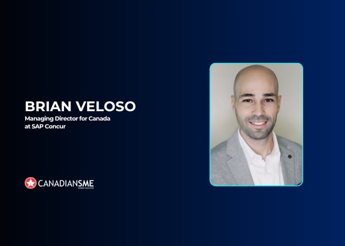 Professional headshot of a man in a light gray blazer and white shirt, with text reading Brian Veloso, Managing Director for Canada at SAP Concur, and the CANADIANSME logo on a dark blue background.
