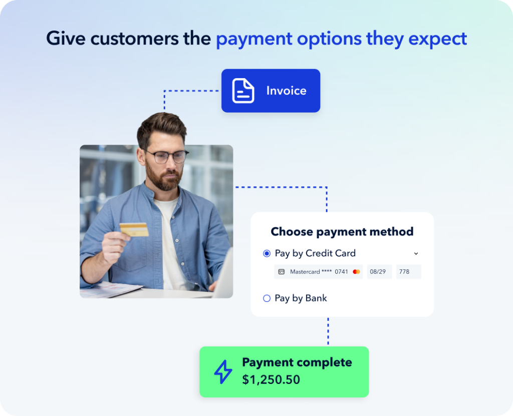 A man holds a credit card at his laptop as he selects “Pay by Credit Card” to complete a $1,250.50 invoice payment; text highlights payment options customers expect.