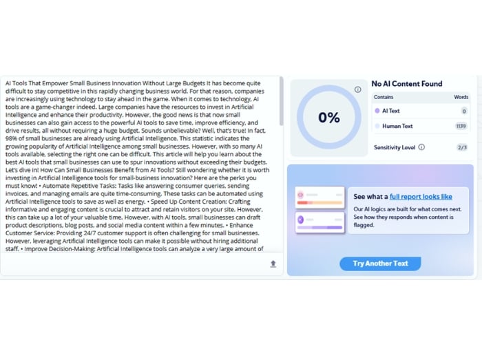 Screenshot of an AI text detection tool showing a sample text about AI for small business. The result indicates 0% AI content found, with 0% AI text, 0% human text, and low sensitivity level, plus a Try Another Text button.