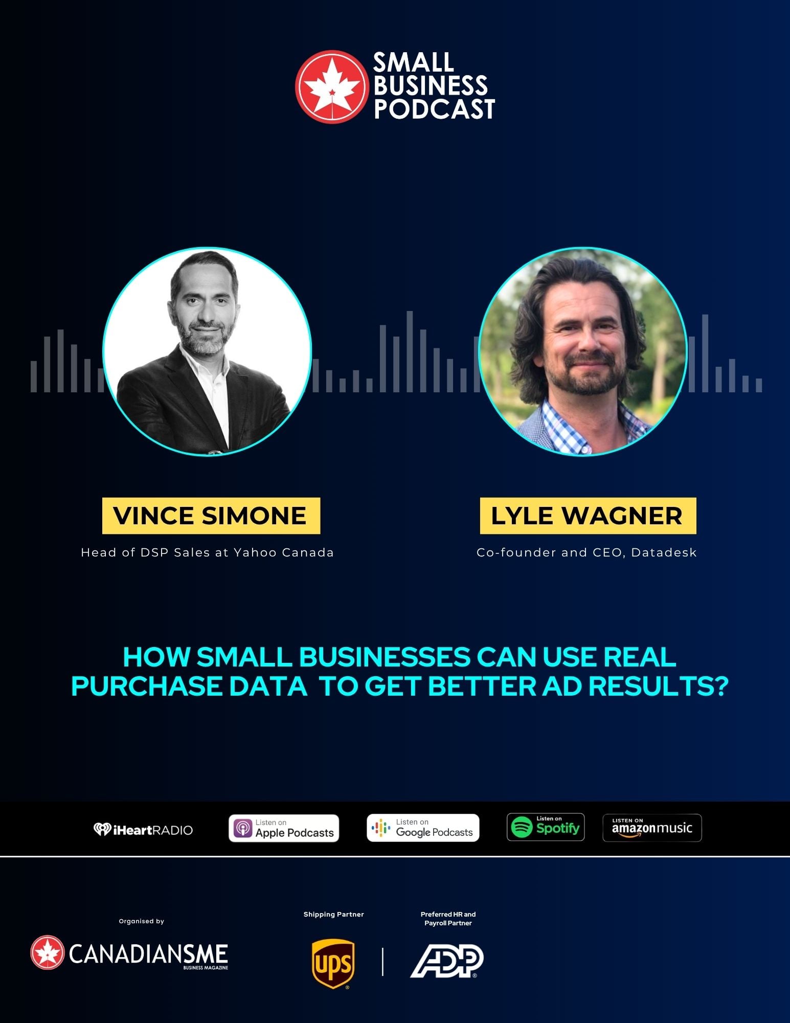 Promotional poster for the Small Business Podcast featuring Vince Simone and Lyle Wagner, discussing how small businesses can use purchase data to improve ad results. Logos for streaming platforms and sponsors appear at the bottom.