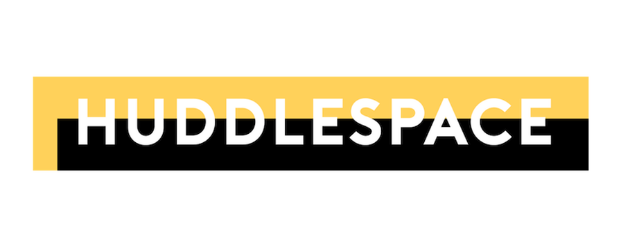 The word HUDDLESPACE in bold white capital letters is centered over a black rectangle, with a yellow rectangle above it extending slightly to the left. The background is light gray.