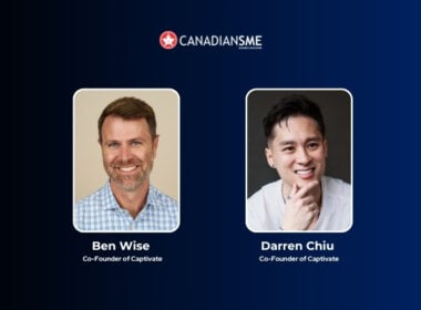 A graphic with the CANADIAN SME logo at the top, featuring photos of Ben Wise and Darren Chiu, both labeled as Co-Founders of Captivate, against a dark blue gradient background.
