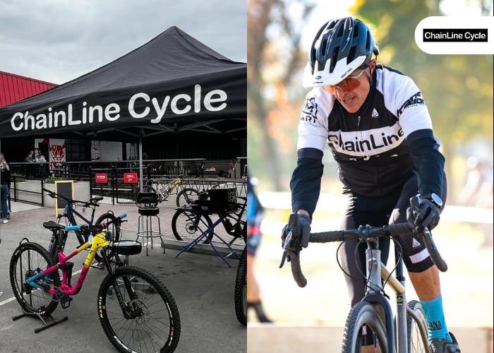 A split image: on the left, a black tent reading “ChainLine Cycle” with bikes parked outside; on the right, a cyclist in ChainLine Cycle gear rides a bike outdoors on a sunny day.