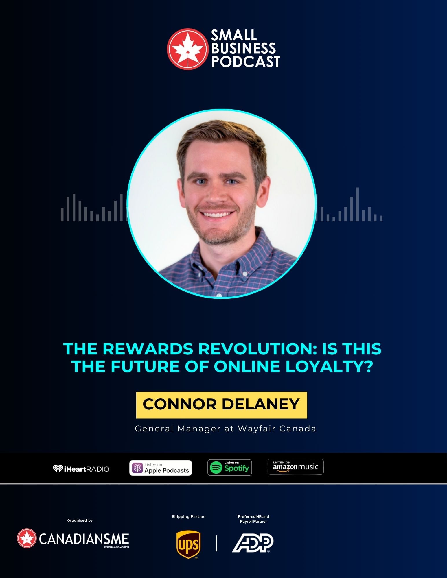 A promotional graphic for the Small Business Podcast featuring a smiling man, Connor Delaney, with the episode title The Rewards Revolution: Is This the Future of Online Loyalty? and podcast listening platform logos.