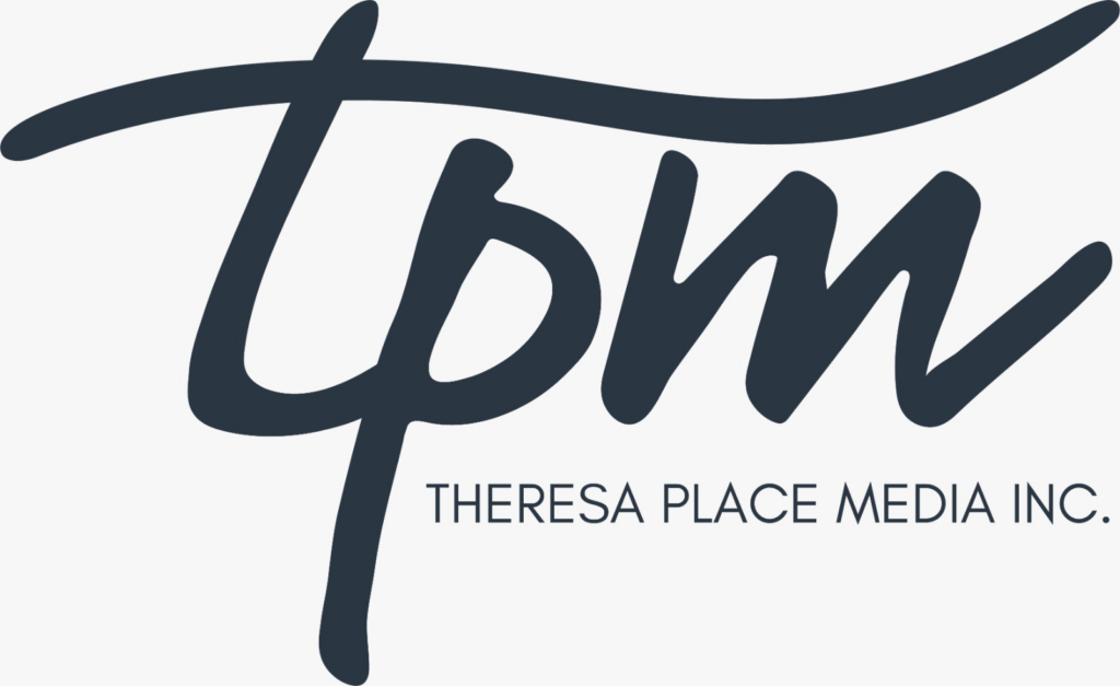 Dark blue script initials tpm with the words Theresa Place Media Inc. printed in uppercase beneath, on a light background.